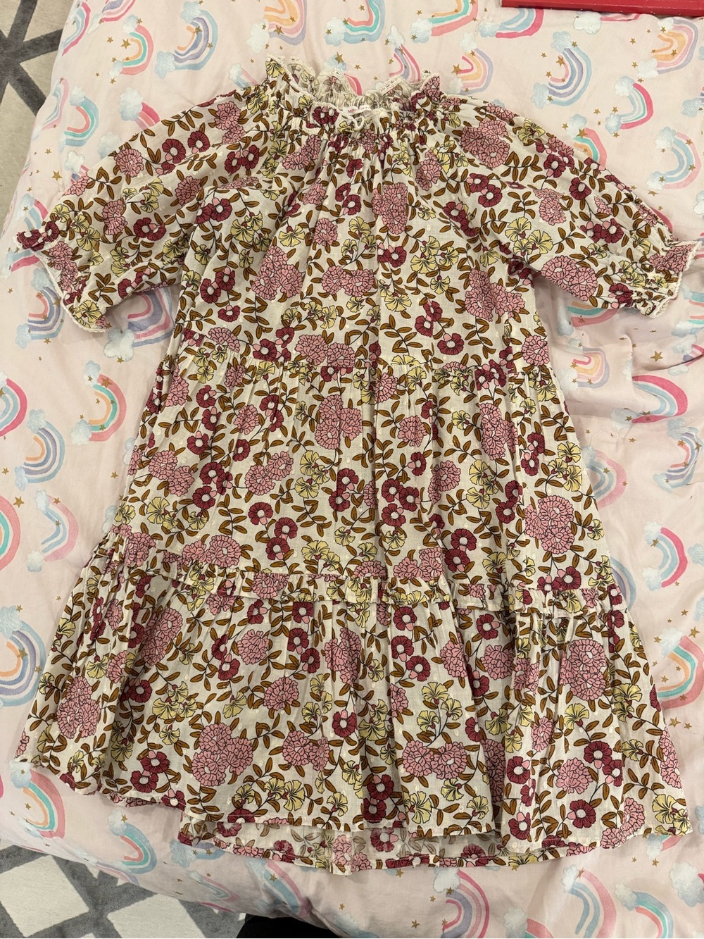 Monoprix Paris Floral Tiered Smocked Neck Dress - Pink & Olive on Cream